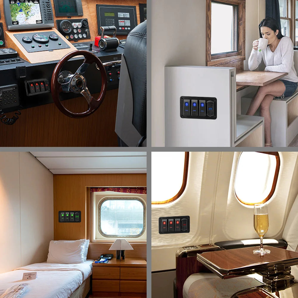 Panel de Interruptores LED 12V/24V – 3 Vías con Voltímetro y USB