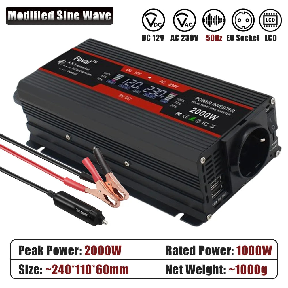 Inversor de Corriente 12V a 220V Onda Modificada con Pantalla LCD | 750W–1300W Continuos para RV, Camper y Vehículos