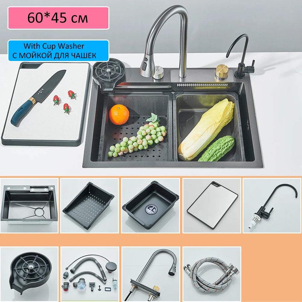 Évier de cuisine haut de gamme avec robinet cascade et accessoires intégrés 