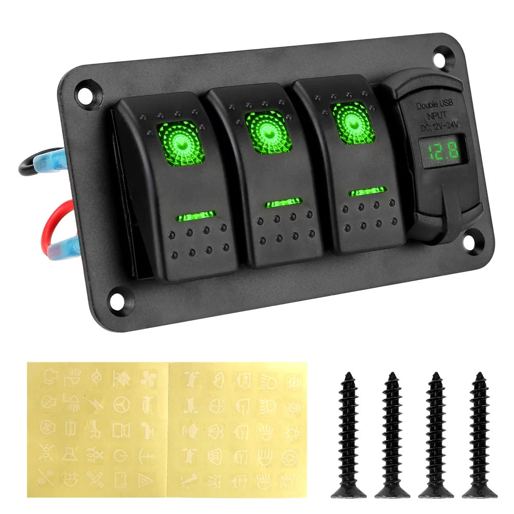 Panel de Interruptores LED 12V/24V – 3 Vías con Voltímetro y USB