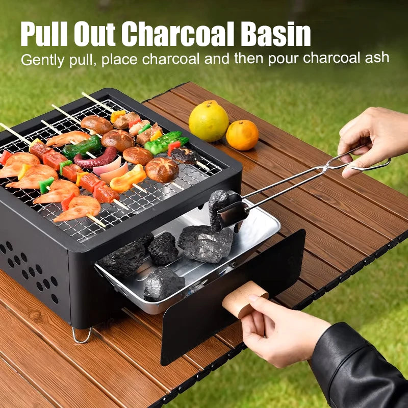 Parrilla Carbón Acero Inox Plegable - Portátil + Rejilla para Camping y Exterior