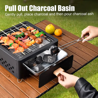 Parrilla Carbón Acero Inox Plegable - Portátil + Rejilla para Camping y Exterior
