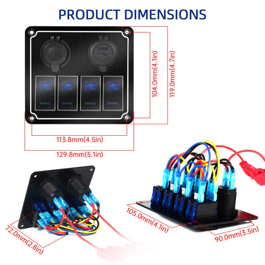 Panneau d'interrupteurs en aluminium 12V / 24V avec USB et LED bleue