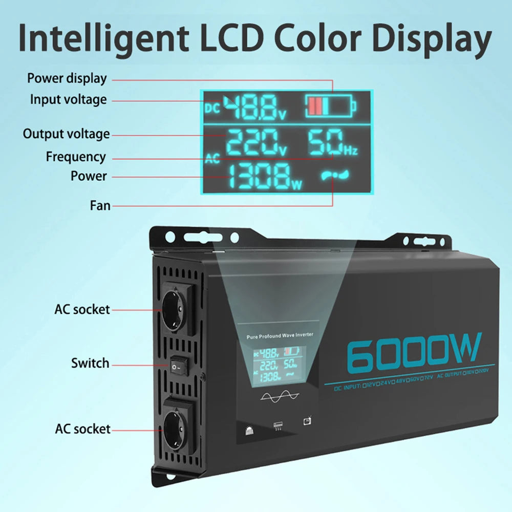 Inversor de Corriente Onda Pura 3000W 6000W Pico | Inversor DC/AC 12V–72V a 220V para RV y Camper