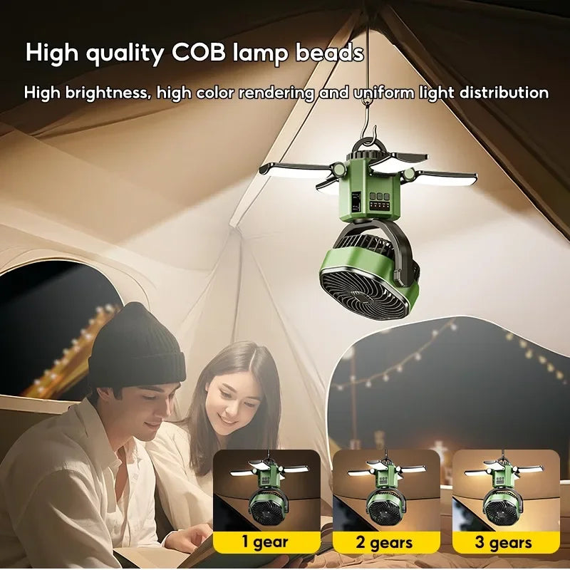 Ventilateur de camping 3-en-1 - 6000mAh + Lumière LED + Power Bank (Pliable)