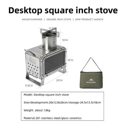 Hornillo Leña Cuadrado Acero Inox - Portátil + Bolsa para Camping y Exterior