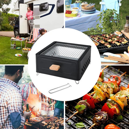 Parrilla Carbón Acero Inox Plegable - Portátil + Rejilla para Camping y Exterior