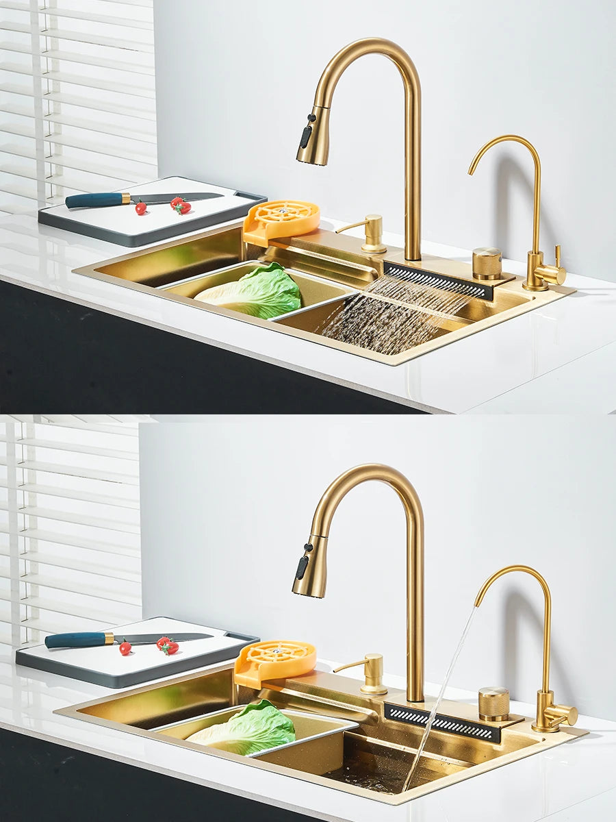 Évier de cuisine haut de gamme avec robinet cascade et accessoires intégrés 
