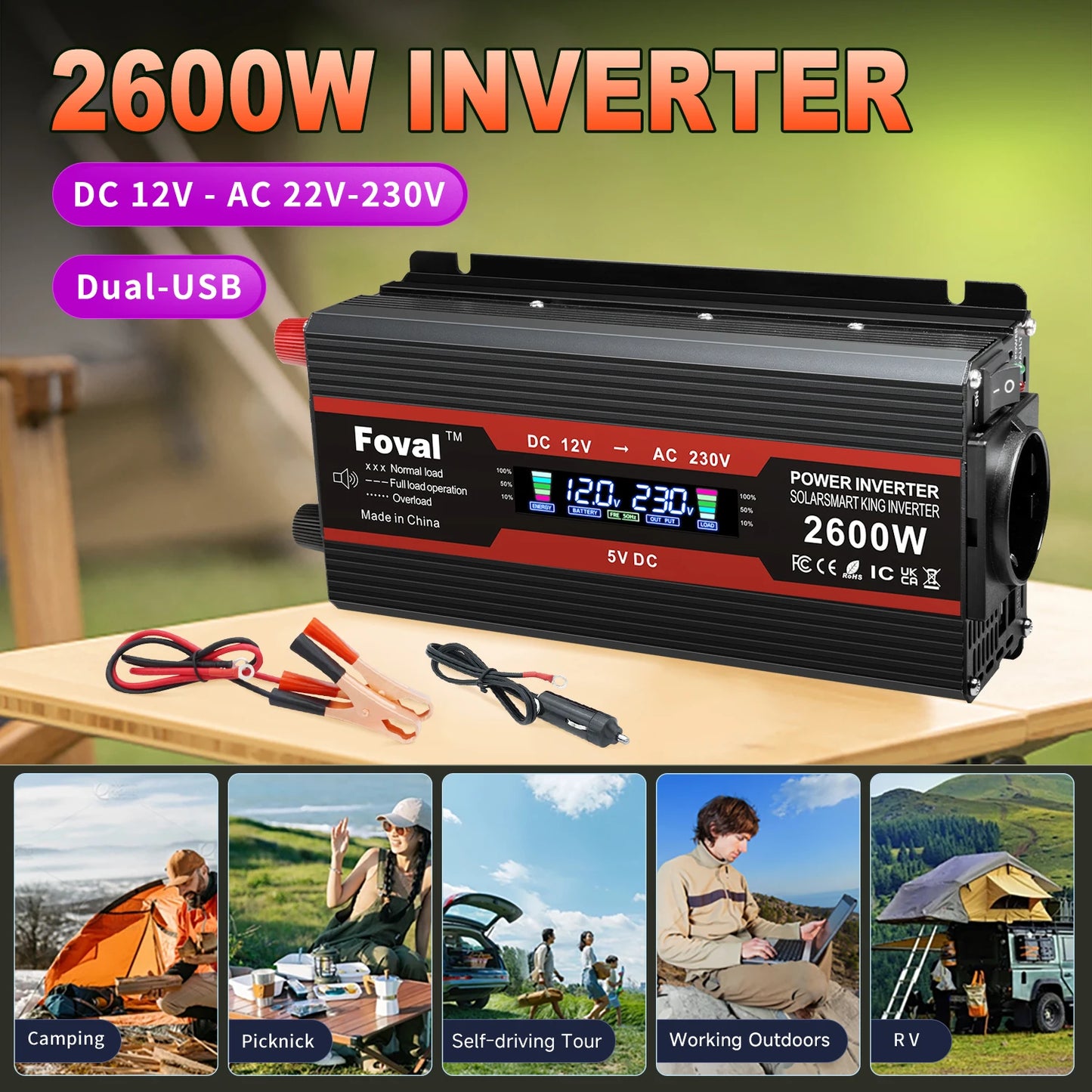 Inversor de Corriente 12V a 220V Onda Modificada con Pantalla LCD | 750W–1300W Continuos para RV, Camper y Vehículos