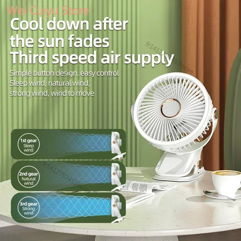 Ventilateur LED rechargeable avec pince | Conception 3-en-1 : table, plafond ou camping
