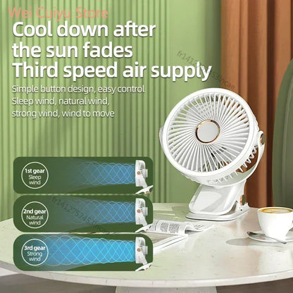 Ventilateur LED rechargeable avec pince | Conception 3-en-1 : table, plafond ou camping