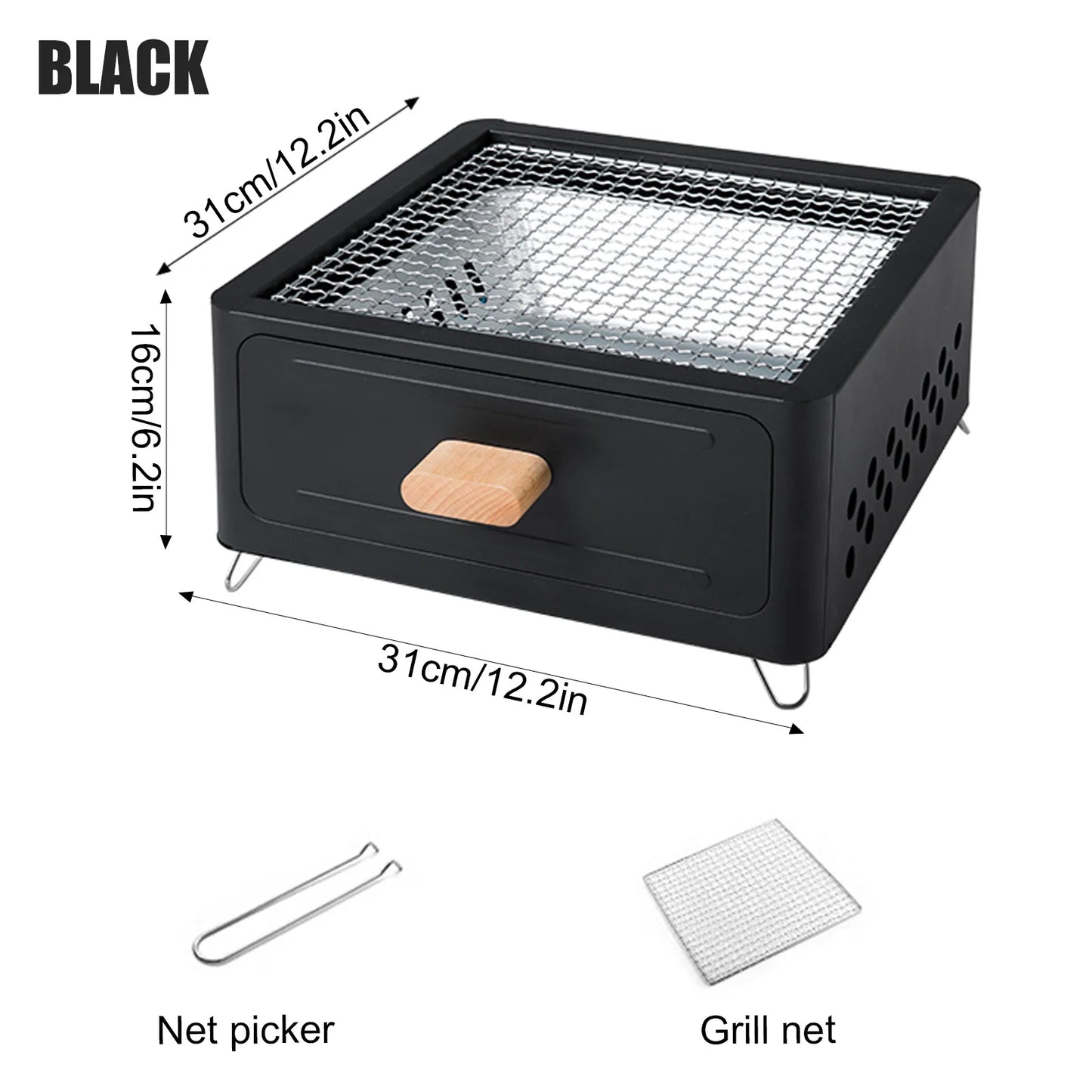 Parrilla Carbón Acero Inox Plegable - Portátil + Rejilla para Camping y Exterior