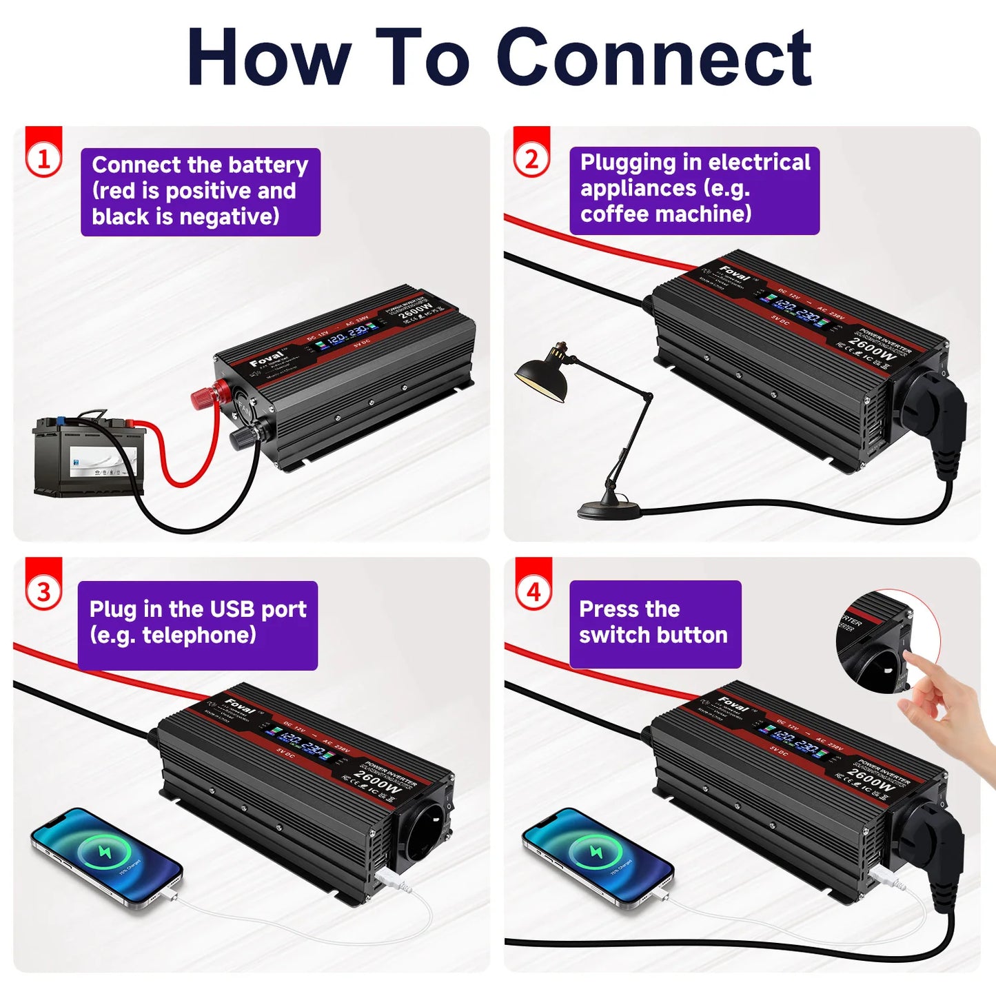Inversor de Corriente 12V a 220V Onda Modificada con Pantalla LCD | 750W–1300W Continuos para RV, Camper y Vehículos