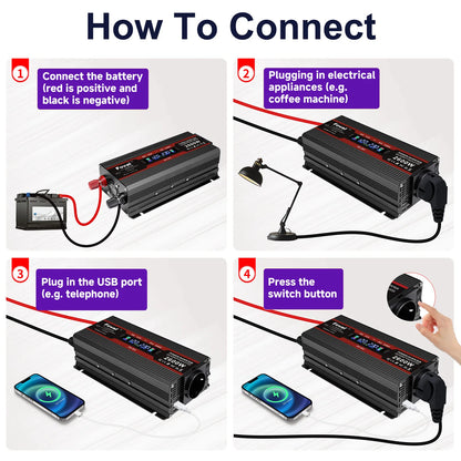 Inversor de Corriente 12V a 220V Onda Modificada con Pantalla LCD | 750W–1300W Continuos para RV, Camper y Vehículos