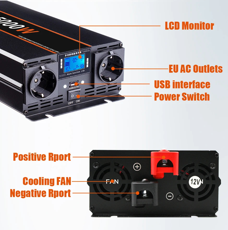 Inversor de Corriente Onda Pura 12V / 24V a 220V | 3000W – 5000W | Con Control Remoto y Pantalla LED para RV y Camper
