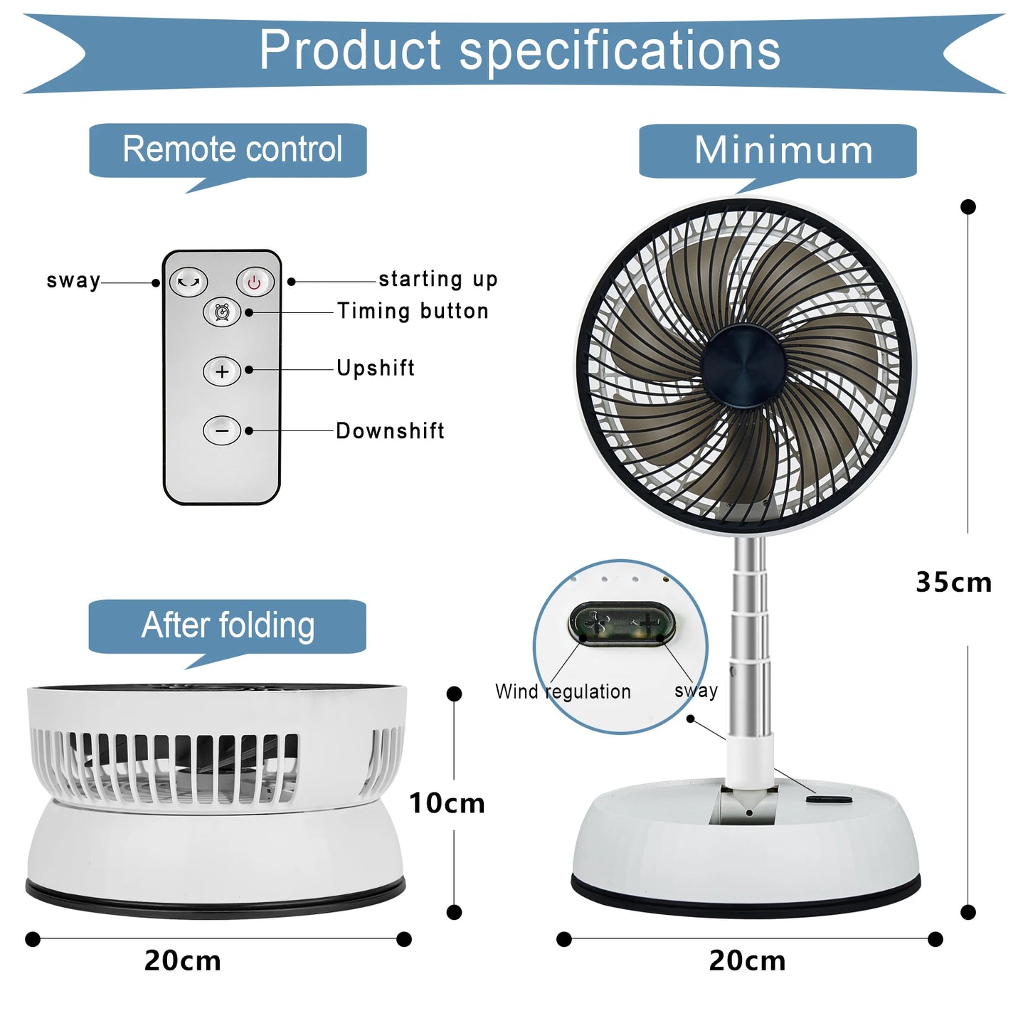 Extendable Portable Fan with Remote Control | Adjustable Height 92cm, USB-C and Quiet