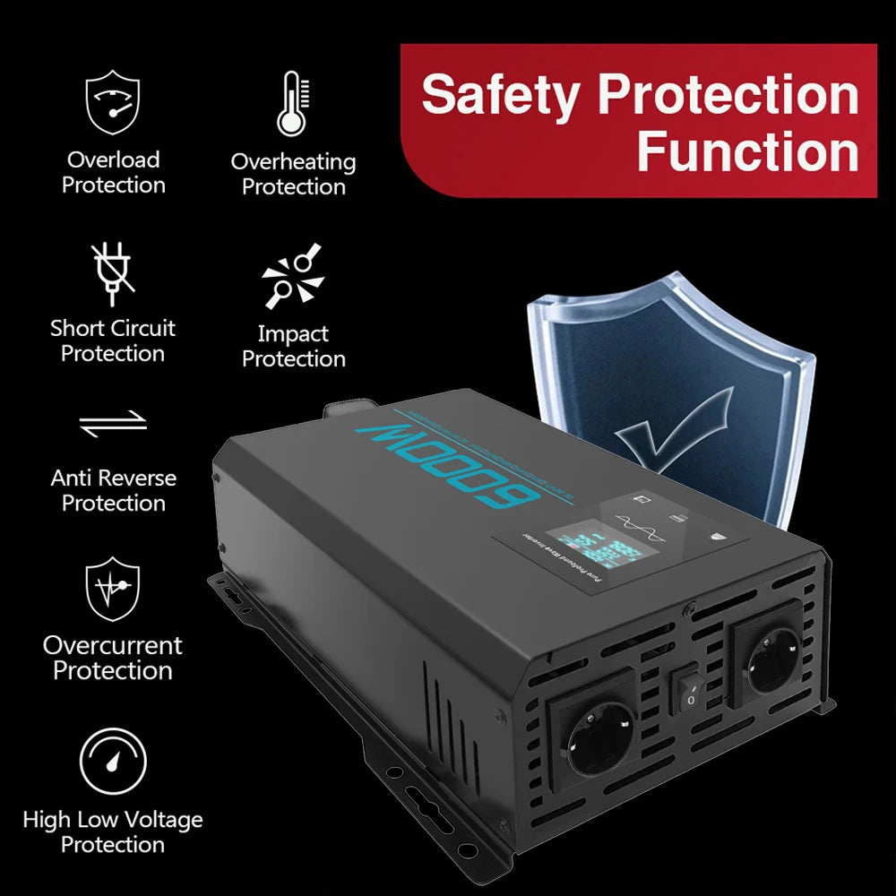 Inversor de Corriente Onda Pura 3000W 6000W Pico | Inversor DC/AC 12V–72V a 220V para RV y Camper