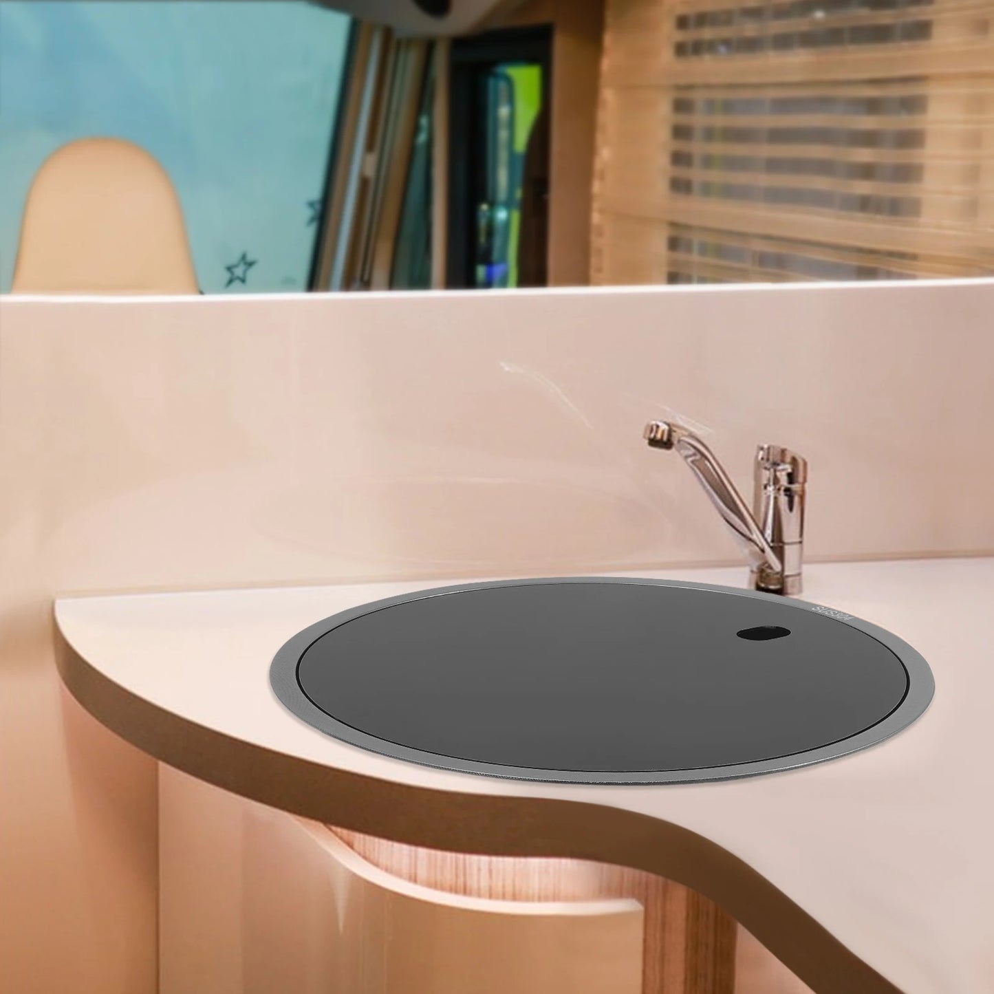 Évier rond en acier inoxydable noir – Bac simple 40×20 cm pour cuisine