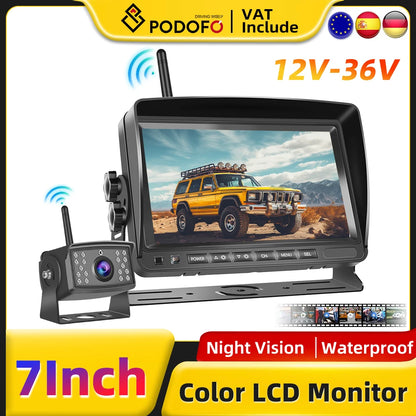 Cámara de Marcha Atrás PODOFO 720P con Monitor IPS HD – Visión Nocturna Starlight, AHD Digital, Guías de Aparcamiento (12V–36V)
