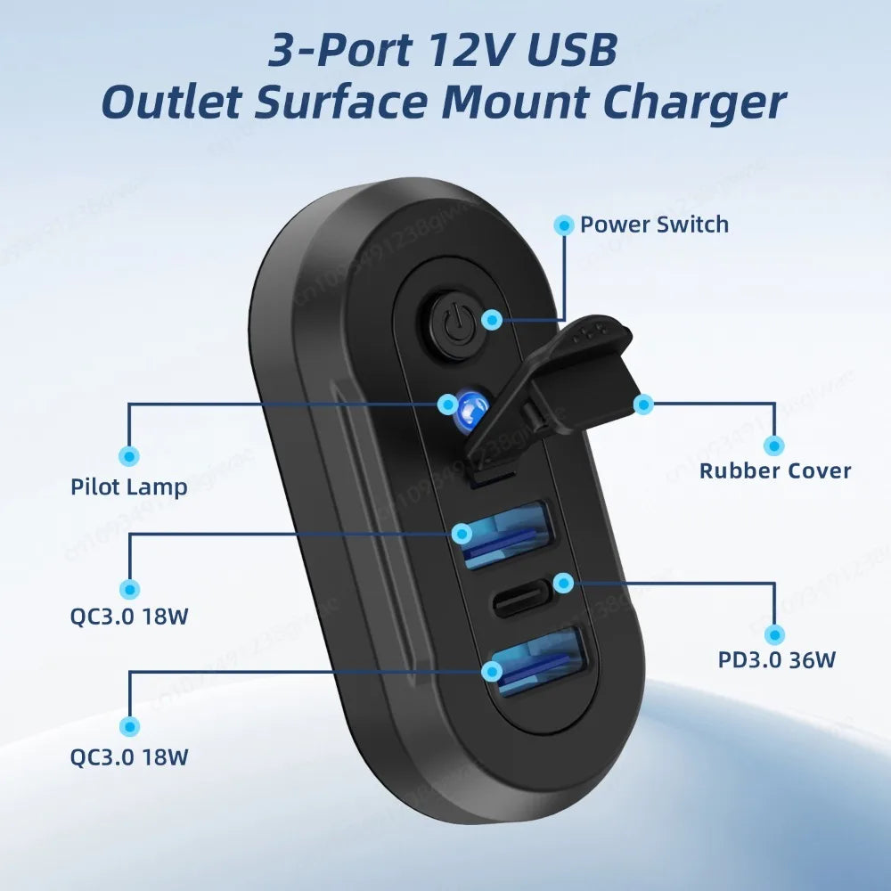 Cargador USB Empotrable 12–24V con 3 Puertos de Carga Rápida