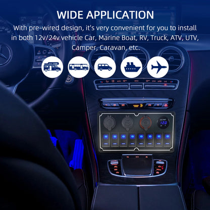 Panel de Interruptores de Aluminio 12V / 24V con USB y LED Azul
