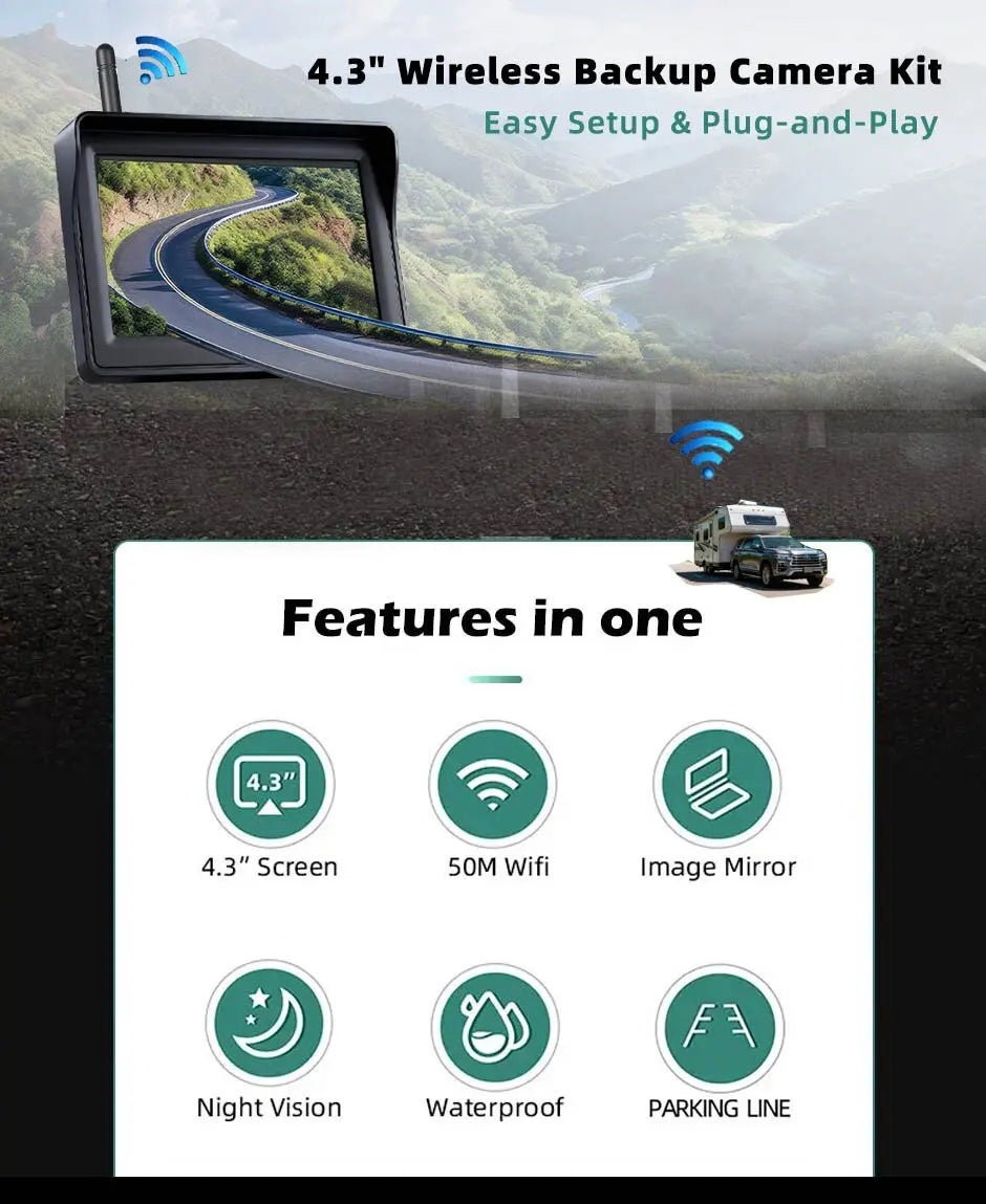Kit Cámara de Marcha Atrás Inalámbrica QXNY 4,3” con Visión Nocturna Starlight para Coche, Camper y RV