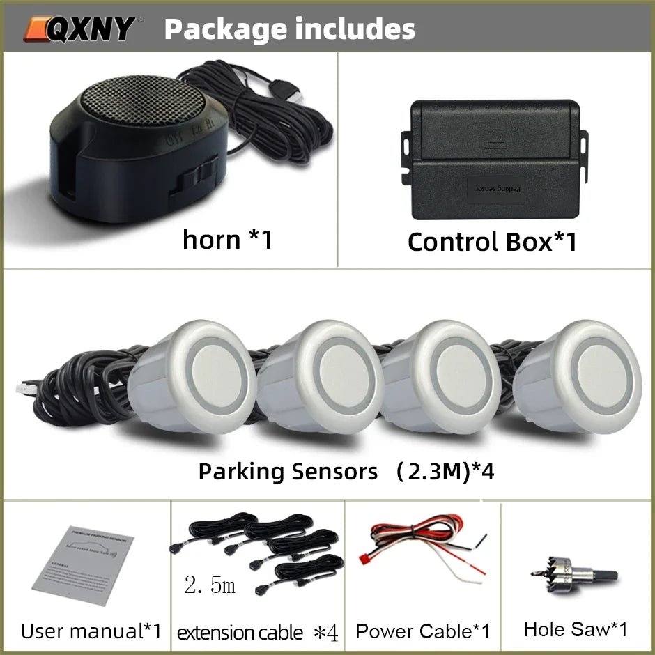 Sensor de Aparcamiento Delantero Invisible QXNY – Radar Ultrasónico con Alarma Sonora, Detección 0,3–1 m, 12V