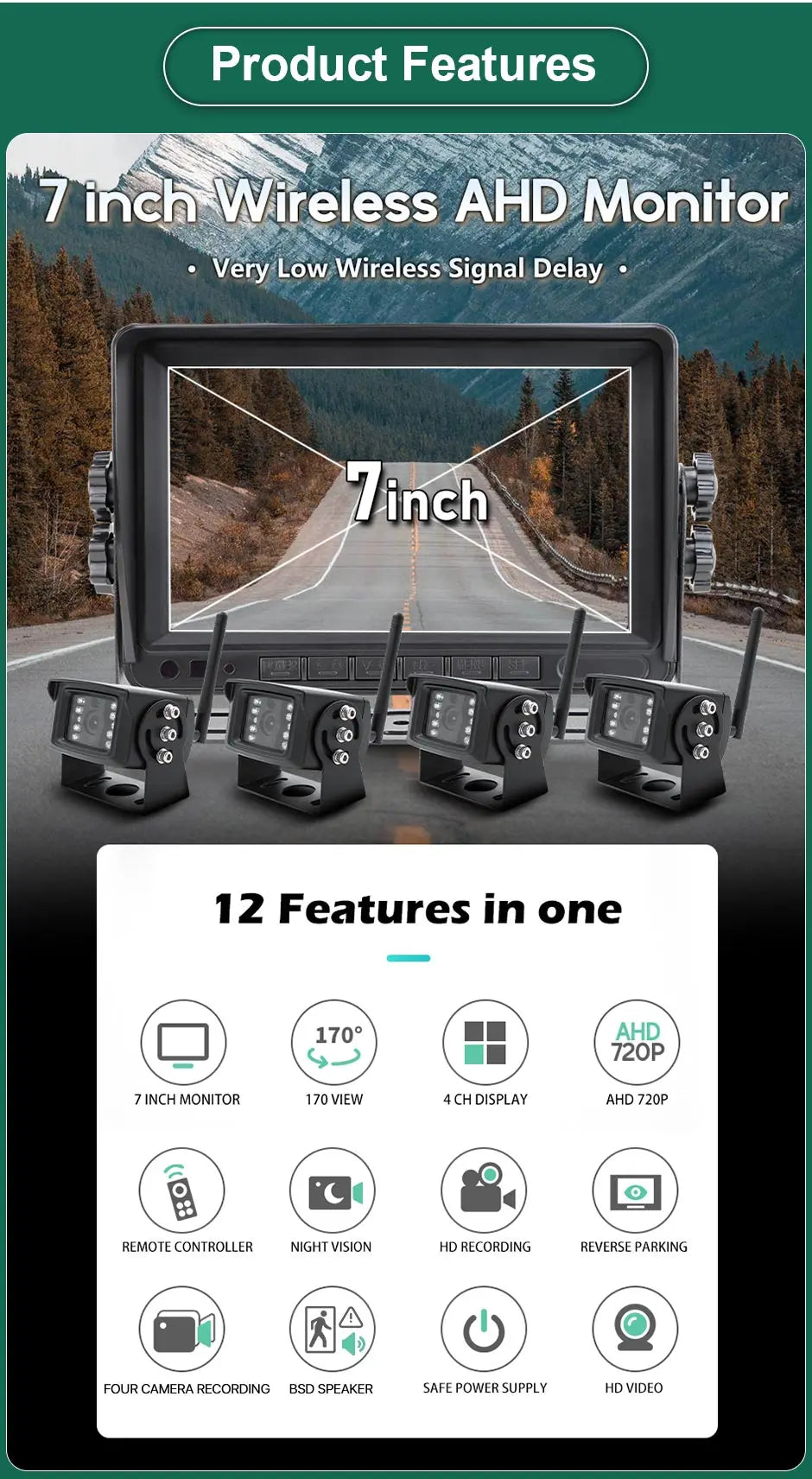 Kit Cámara de Marcha Atrás Inalámbrica AHD 720P GreenYi con Monitor IPS 7”, Grabación DVR y Detección de Ángulo Muerto