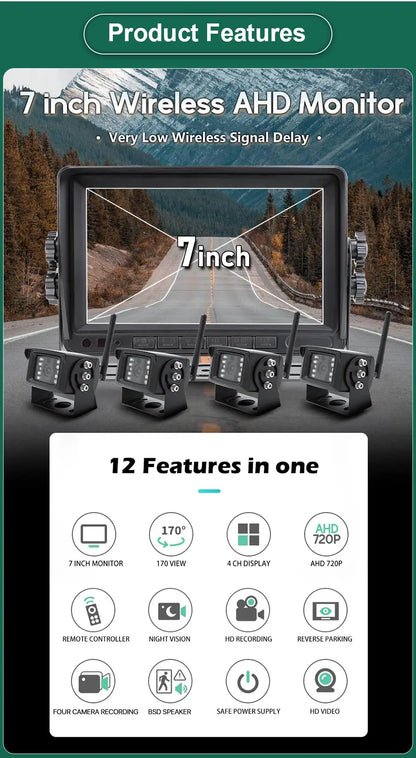 Kit Cámara de Marcha Atrás Inalámbrica AHD 720P GreenYi con Monitor IPS 7”, Grabación DVR y Detección de Ángulo Muerto