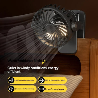 USB Clip Fan 360° - 3 Speeds + Night Light for Camper (Rechargeable)