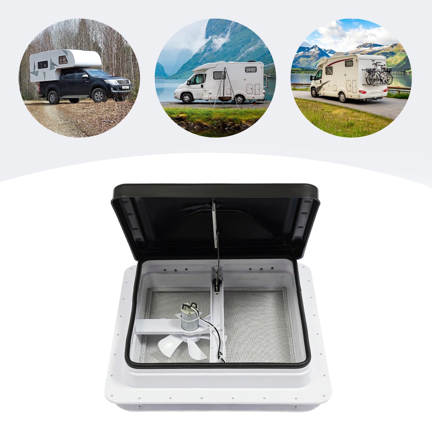 Lanterneau de toit 42 x 42 cm avec ventilateur et moustiquaire – Ventilation pour camping-car (ouverture standard 14 x 14 pouces).