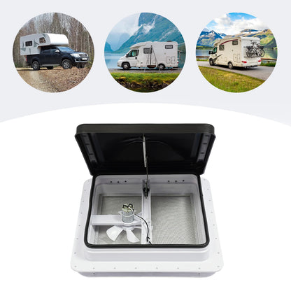 Lanterneau de toit 42 x 42 cm avec ventilateur et moustiquaire – Ventilation pour camping-car (ouverture standard 14 x 14 pouces).