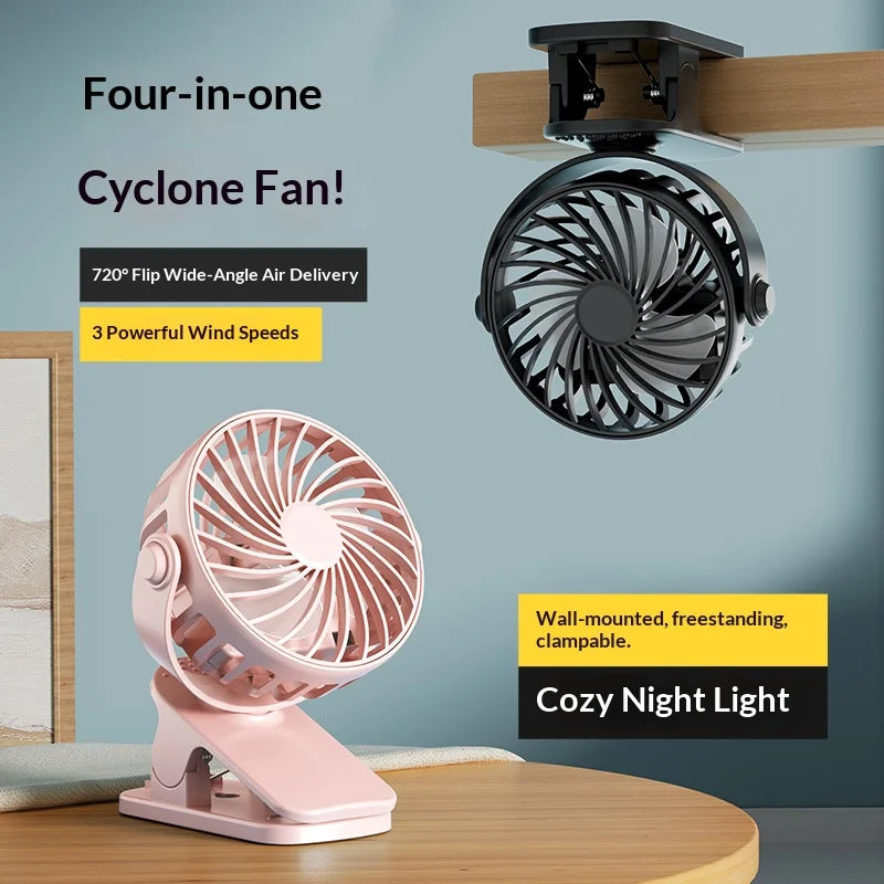USB Clip Fan 360° - 3 Speeds + Night Light for Camper (Rechargeable)