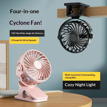 USB Clip Fan 360° - 3 Speeds + Night Light for Camper (Rechargeable)