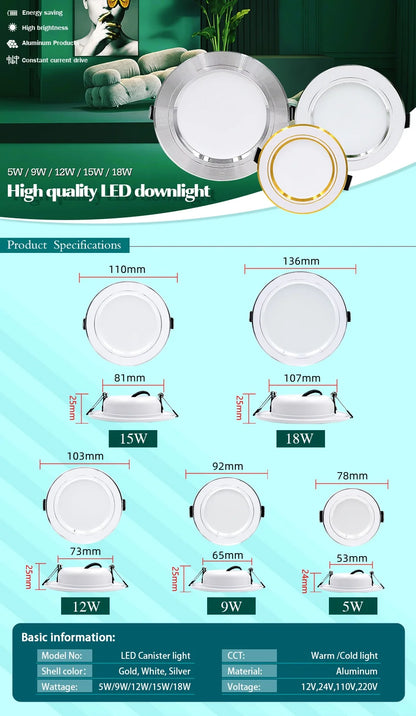 Downlight LED Empotrable Ultrafino 5W–18W | Luz Cálida o Fría