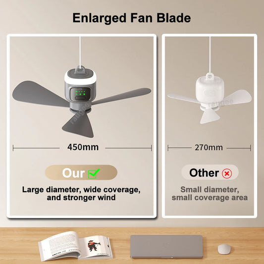 Ventilateur Suspendu Rechargeable avec Télécommande | 12000 mAh, Pales de 450 mm, Lumière LED et Minuteur