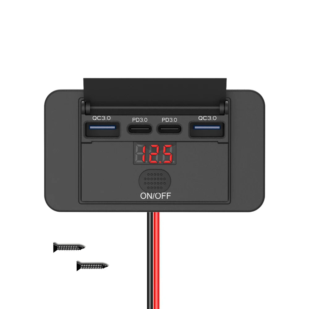 Toma USB Cuádruple 12–24V 84W con Interruptor y Voltímetro