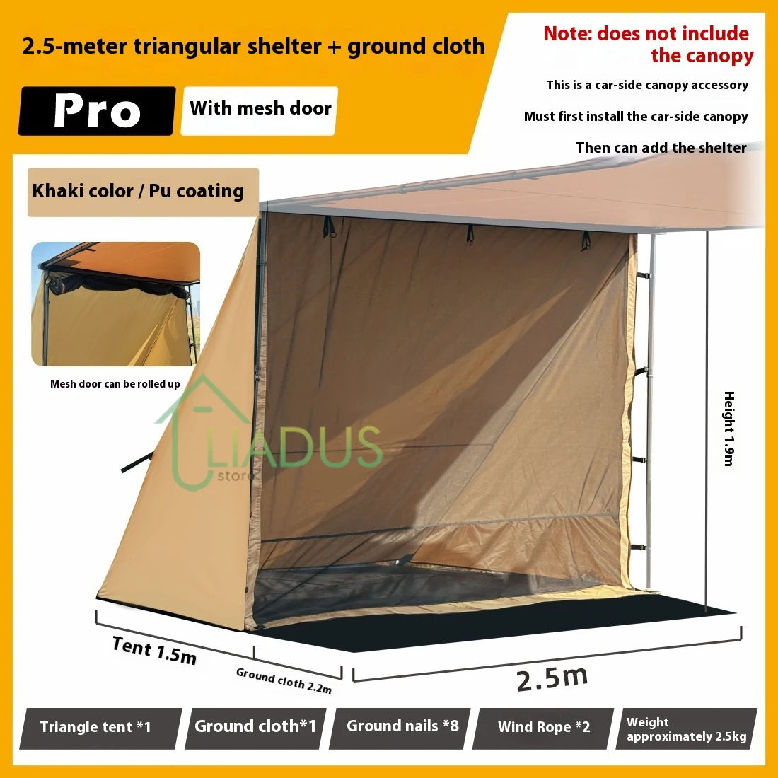 Triangular Side Car and Camper Awning - Waterproof 3000mm+ · Insect Net · UV50+ · Aluminum · 200x300cm