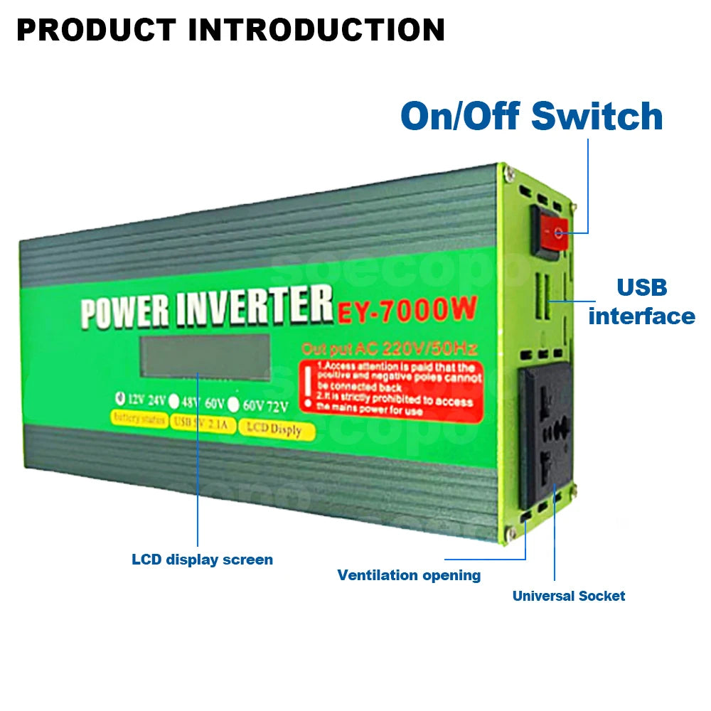 Inversor de Corriente 12V/24V/48V a 220V con Pantalla LCD | 1200W Continuos / 7000W Pico | Doble USB