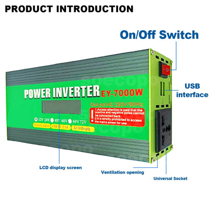 Inversor de Corriente 12V/24V/48V a 220V con Pantalla LCD | 1200W Continuos / 7000W Pico | Doble USB