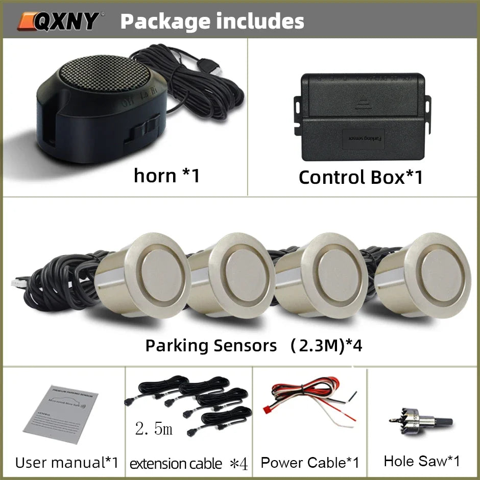 Sensor de Aparcamiento Delantero Invisible QXNY – Radar Ultrasónico con Alarma Sonora, Detección 0,3–1 m, 12V