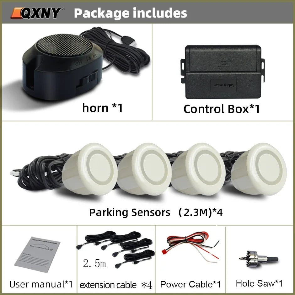 Sensor de Aparcamiento Delantero Invisible QXNY – Radar Ultrasónico con Alarma Sonora, Detección 0,3–1 m, 12V