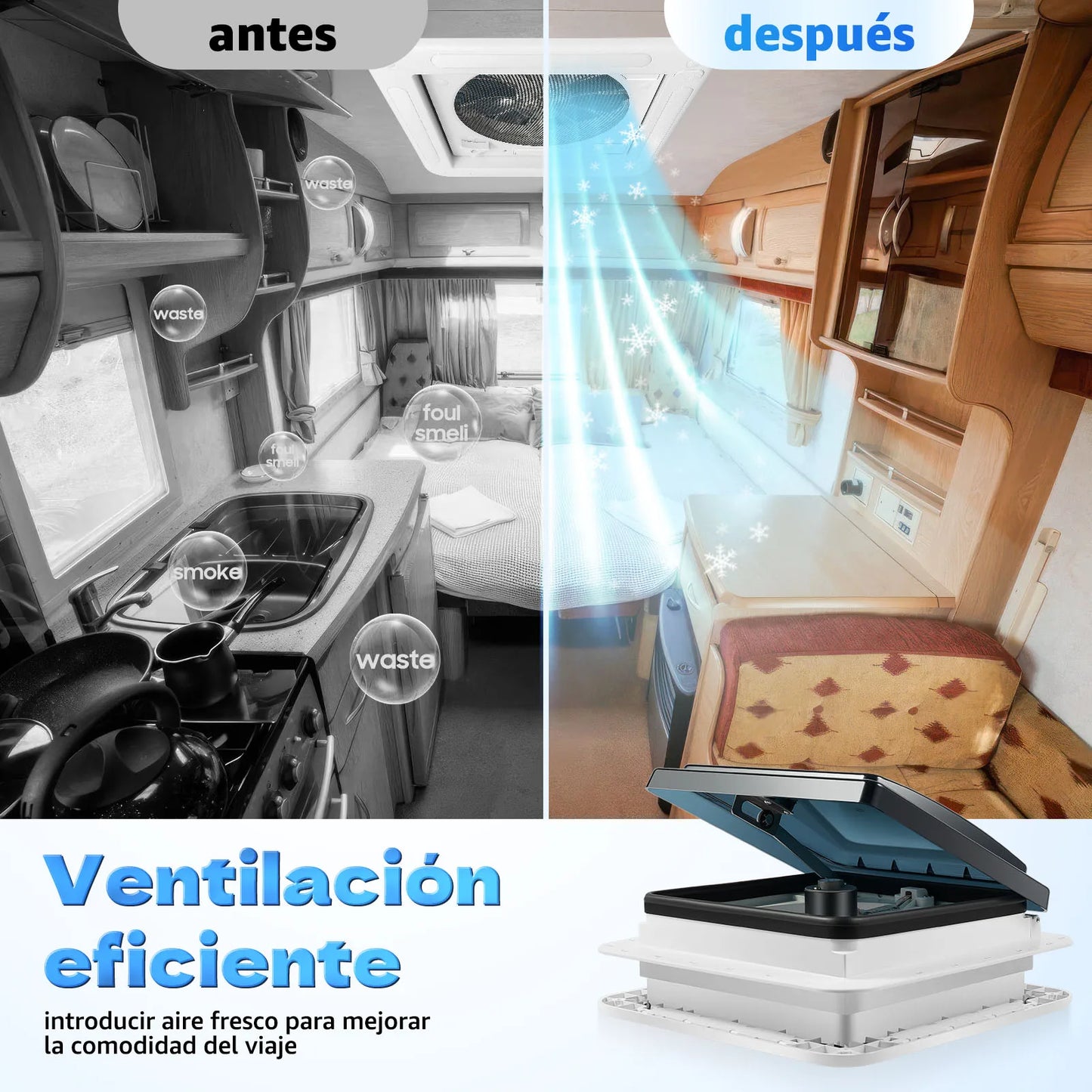 Ventilateur de plafond de camping-car 12V avec LED - 6 vitesses + double flux IP68 (28x28cm)