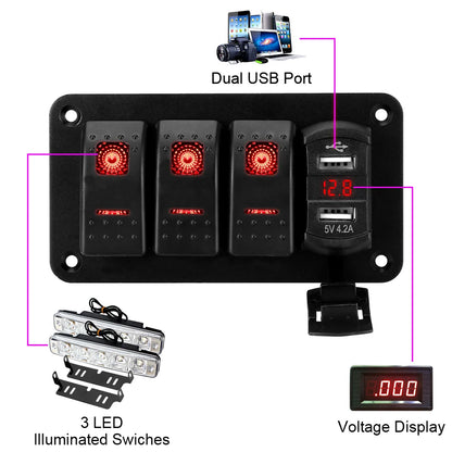 Panel de Interruptores LED 12V/24V – 3 Vías con Voltímetro y USB