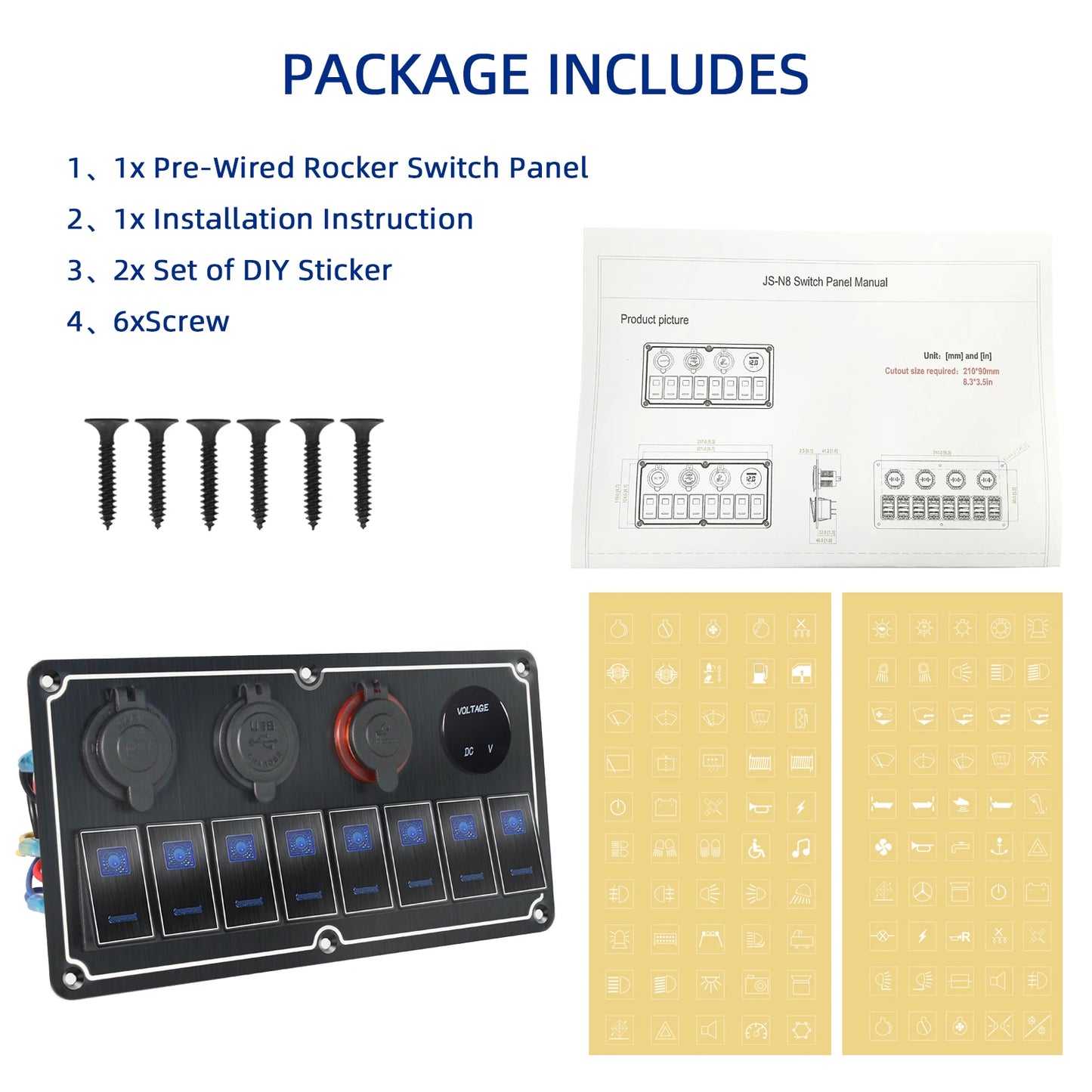 Panel de Interruptores de Aluminio 12V / 24V con USB y LED Azul