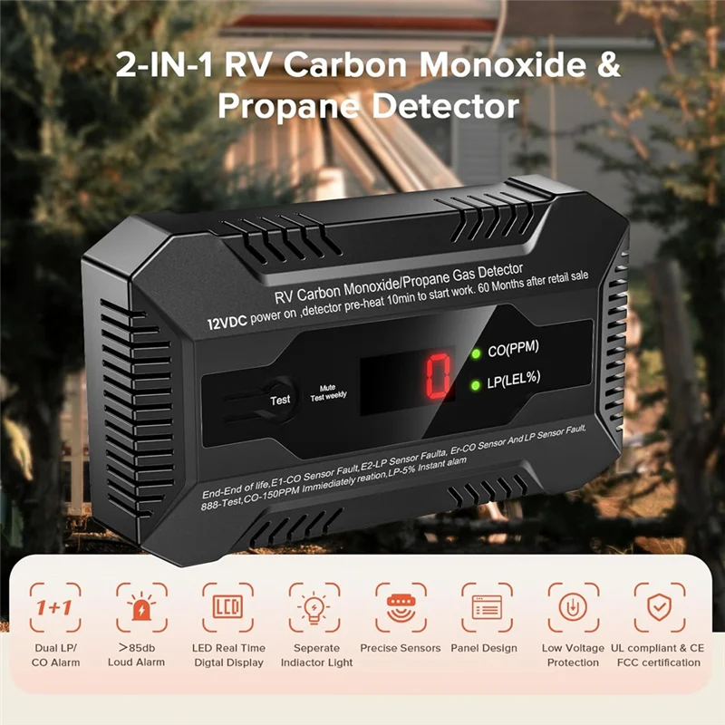 Detector de Gas Propano y Monóxido de Carbono 12V DC para RV | Alarma Dual LP/CO con Pantalla Digital