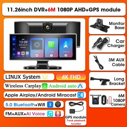 Dashcam 4K con Pantalla 11.26" + CarPlay/Android Auto - Srnubi