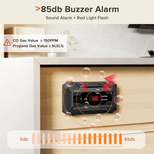 Detector Digital de Gas Propano y Monóxido de Carbono 12V para RV | Alarma Dual LP/CO con Pantalla