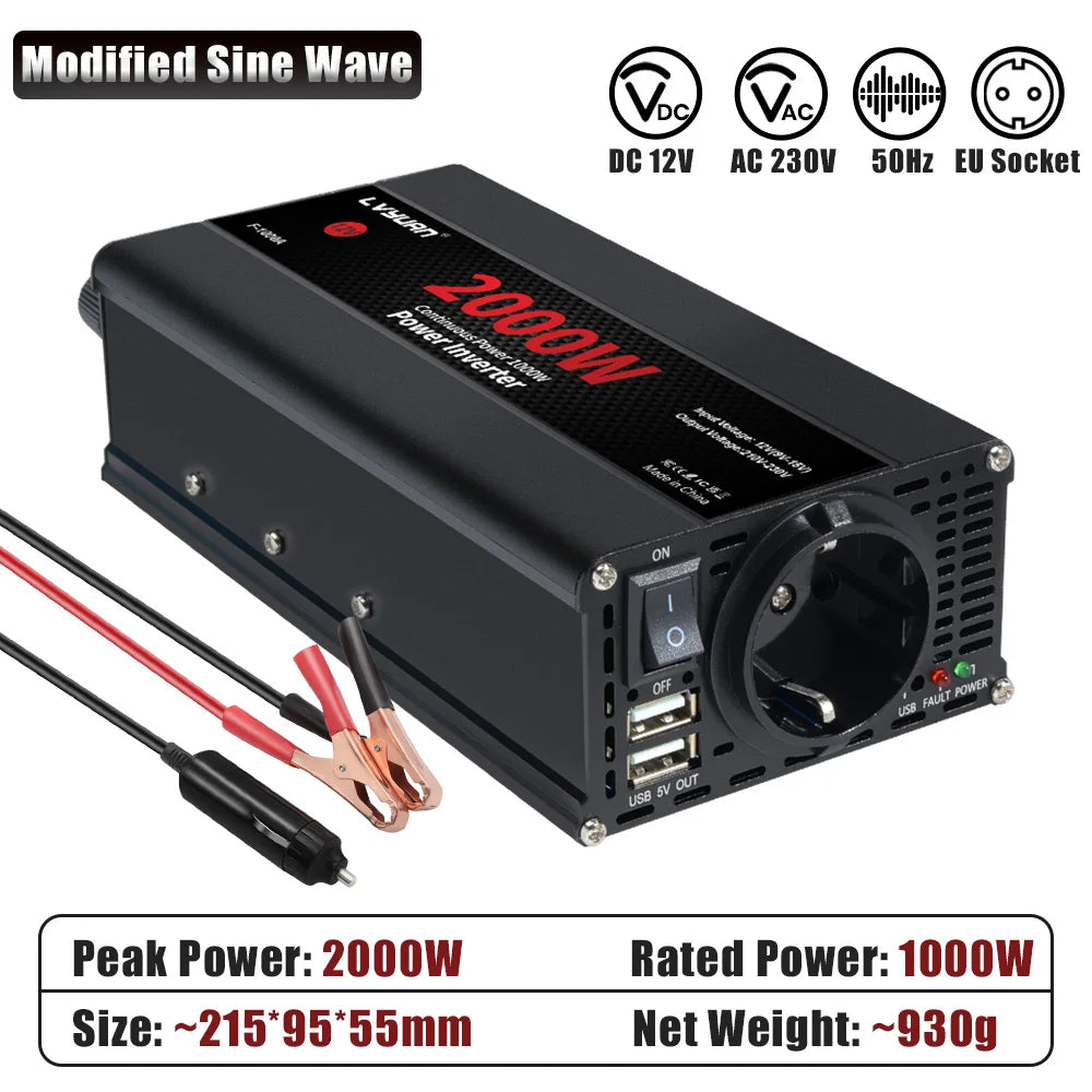 Inversor de Corriente 12V a 220V Onda Modificada | 1500W–4000W | Enchufe EU | Para RV y Camper