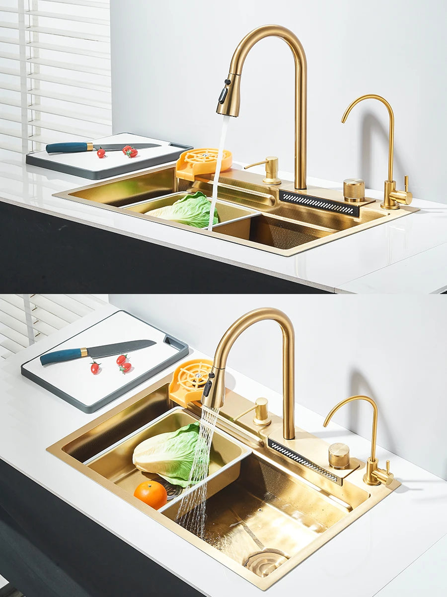 Évier de cuisine haut de gamme avec robinet cascade et accessoires intégrés 